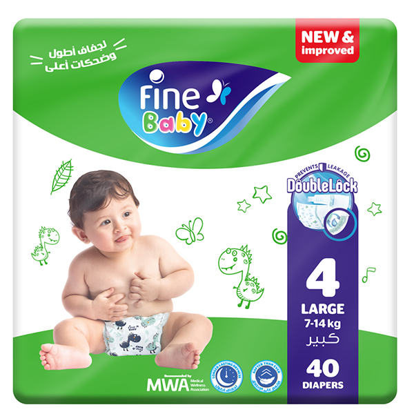 Fine Baby Diapers Large Size 4, (7-14 Kg), 40 Diapers