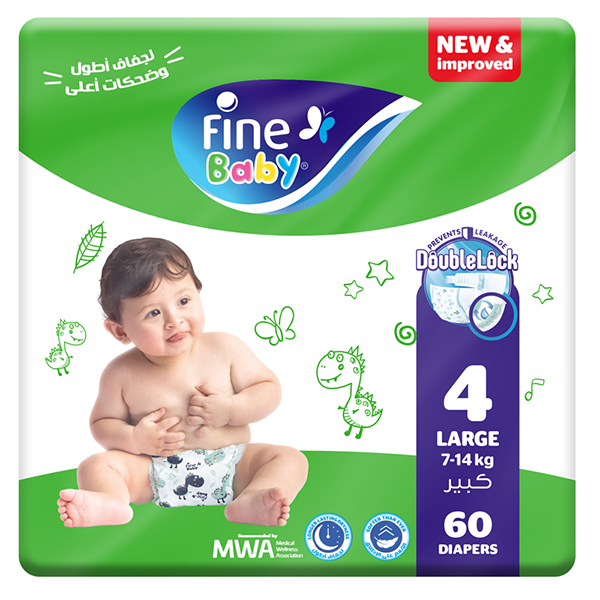 Fine Baby Diapers Large Size 4, (7-14 Kg), 60 Diapers