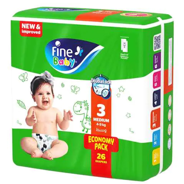 Fine Baby Diapers Medium Size 3, (4-9 Kg), 26 Diapers
