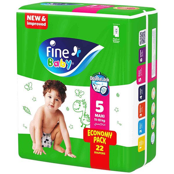 Fine Baby Diapers X-Large Size 5, (11-18 Kg), 22 Diapers